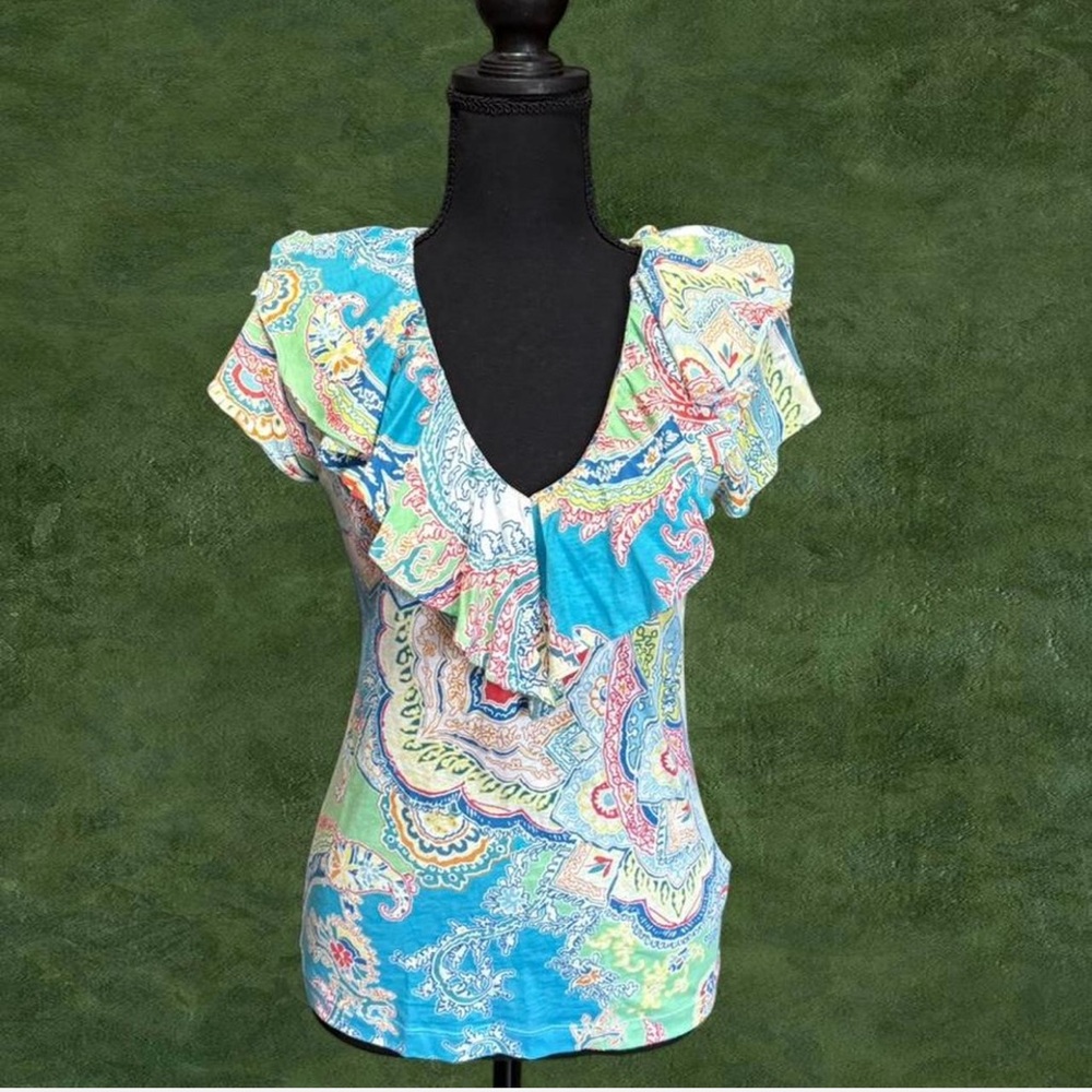 Paisley Ruffle V-Neck Top - Multicolor